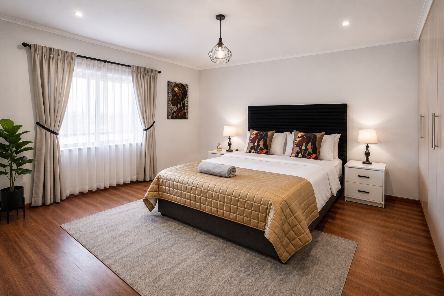 King bedroom dressed in gold with African art