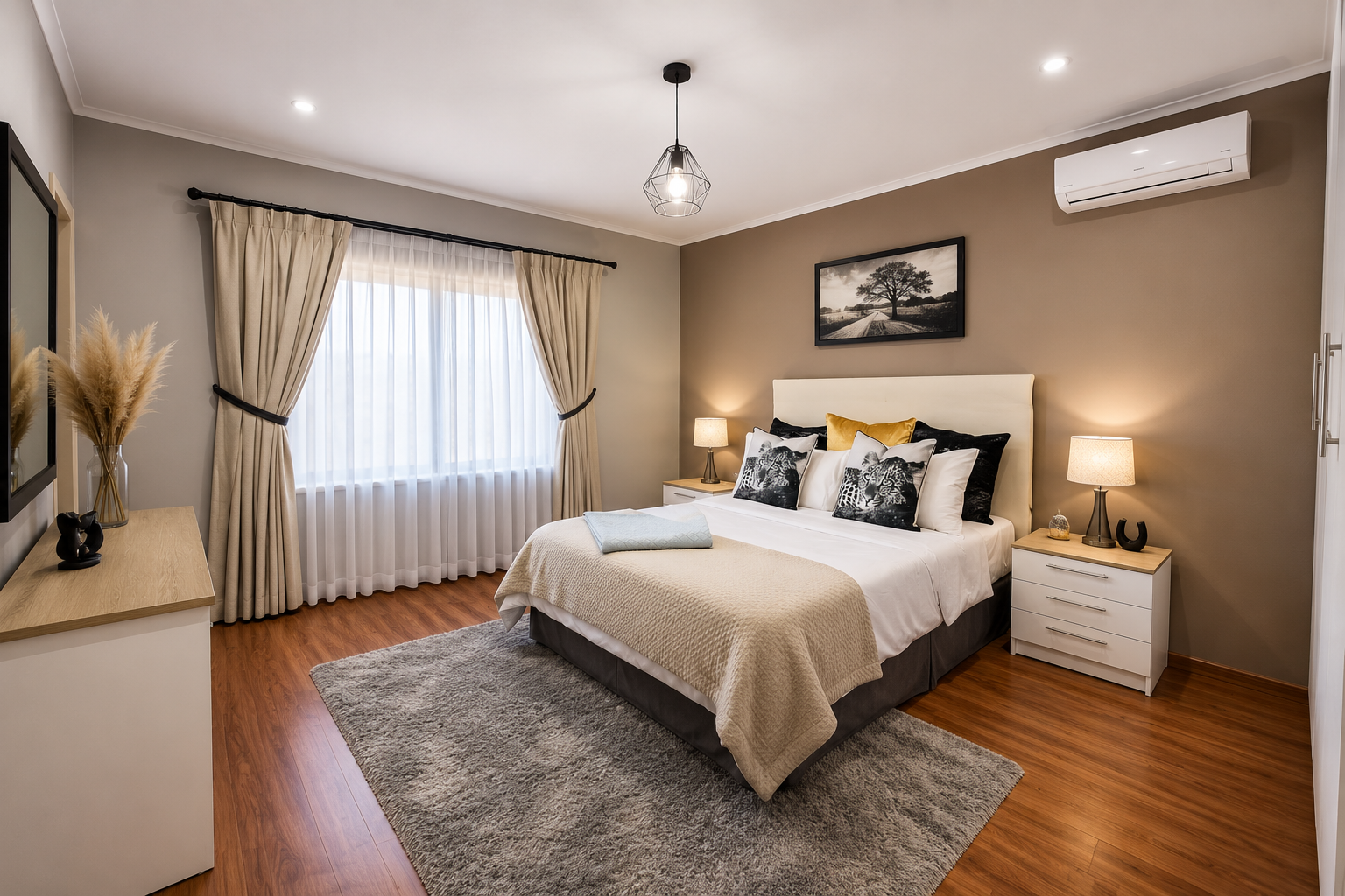 Master bedroom with air conditioning and a soft rug