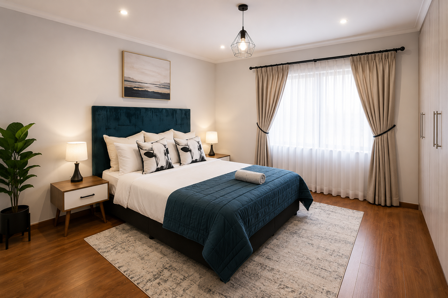 Queen bedroom with a teal velvet headboard